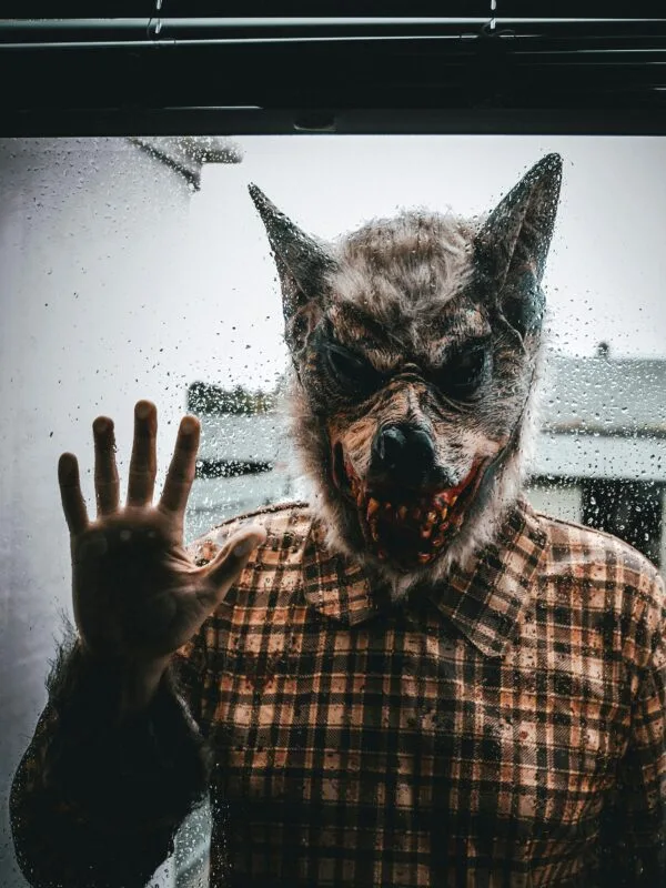 Person in werewolf mask at door